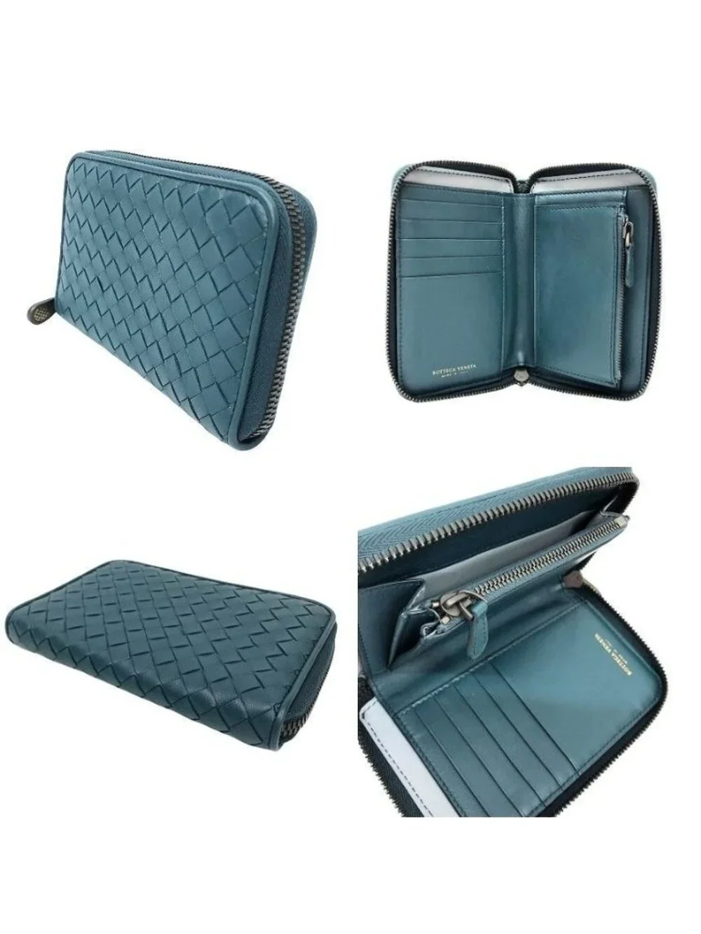 Bottega Veneta Intrecciato Leather Medium Zip Around Foldwallet Blue Green